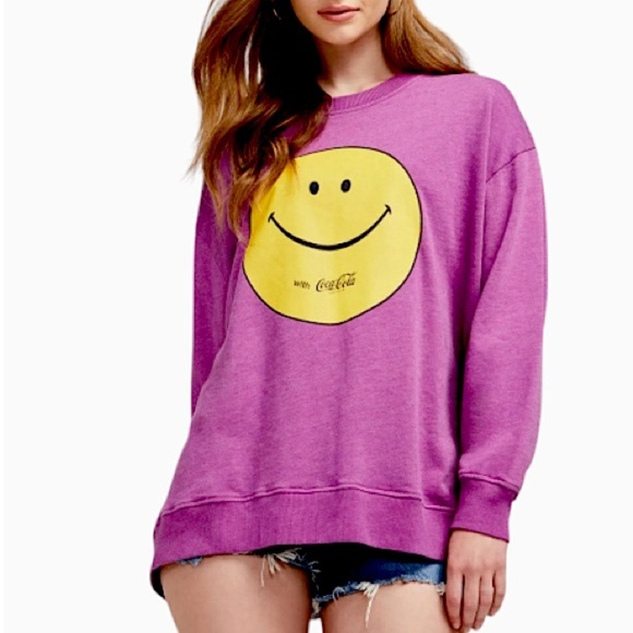 Wildfox purple wine x Coca-Cola Smiley Face Sweatshirt Enjoy Coke NWT size L - Picture 1 of 12